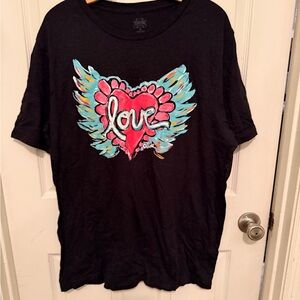 Black Graphic Tee with Heart and Wings Design